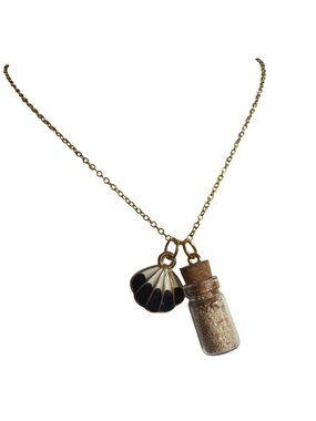 Gold Tone Pendant Necklace Mini Sand Bottle Black White Enamel Shell Charms 19"